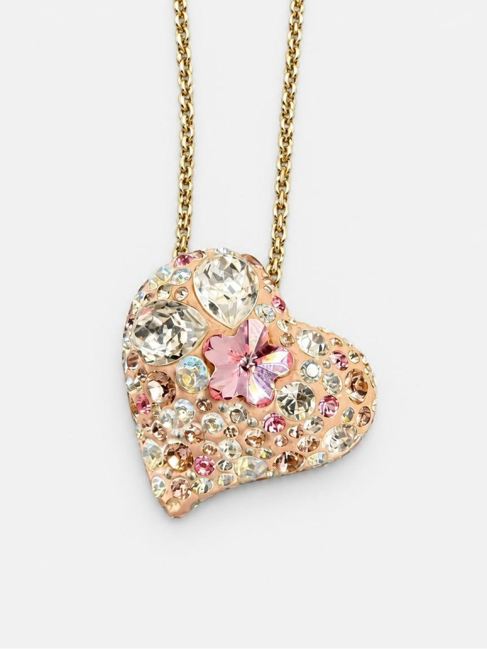 Delicate Pink & white Swarvsky Crystal Heart Necklace with Floral Accent